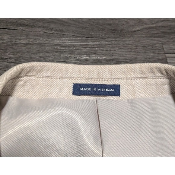 Stafford Men's Tan Herringbone Linen Cotton Classic Fit Blazer Size 50R - Picture 2 of 9
